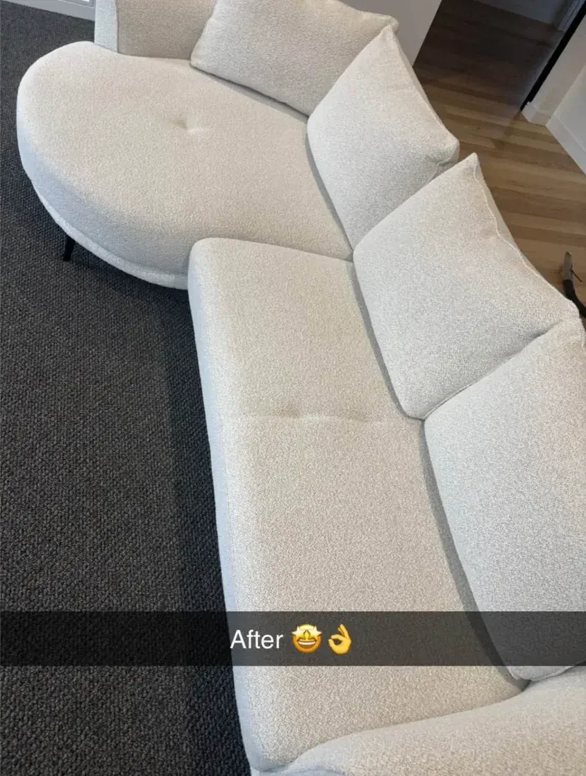 White boucle sofa before upholstery cleaning by Shepp City Carpet Cleaning