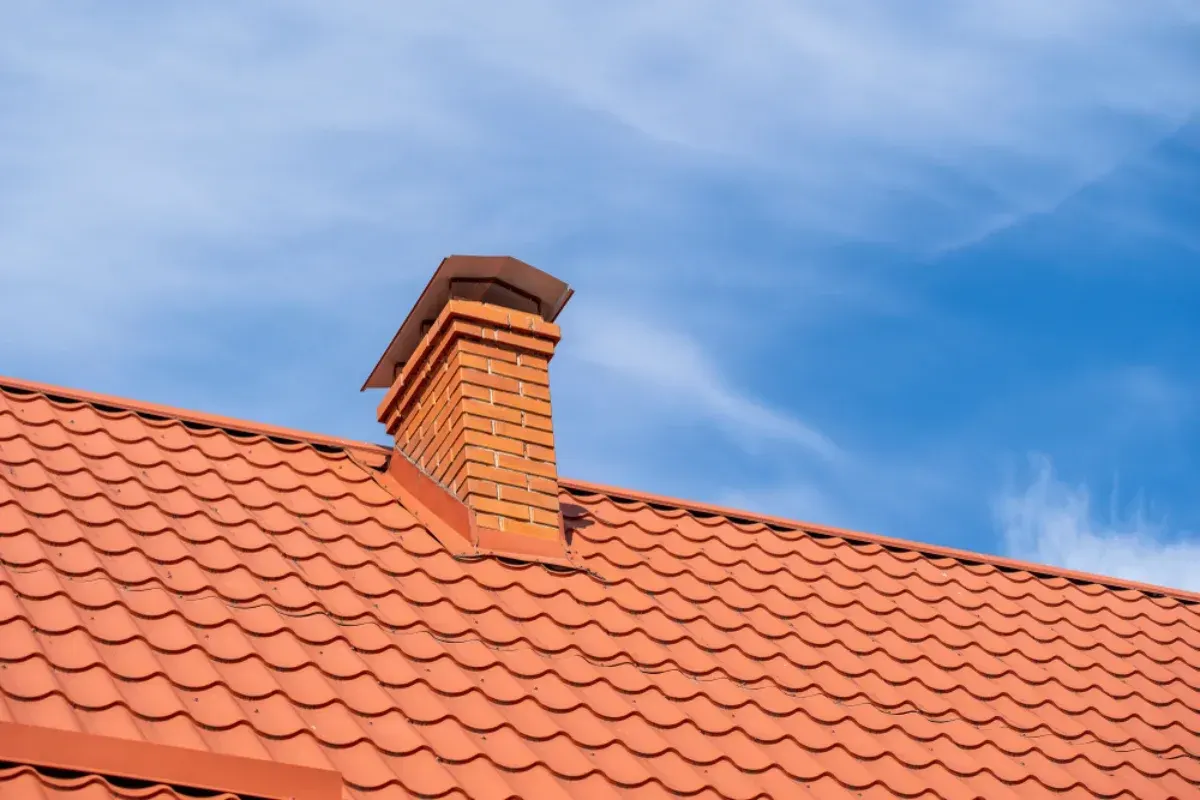 Brick chimney stack with metal cap on terracotta tiled roof against blue sky