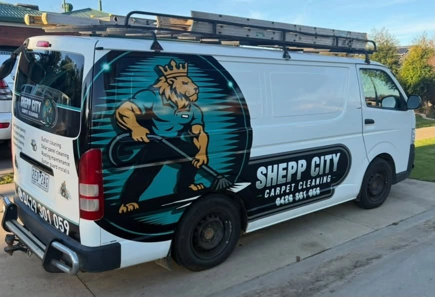 Shepp City Carpet Cleaning branded work van parked at a Shepparton home